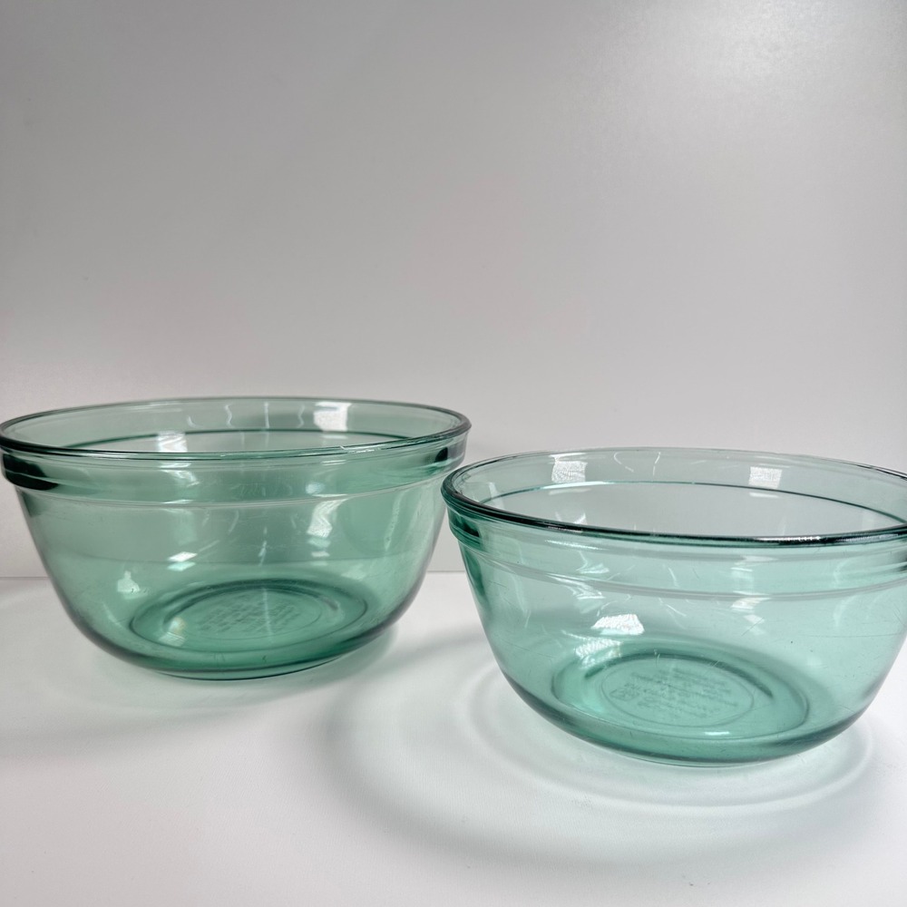 Vintage Anchor Hocking Glass Mixing Bowl Set 1.5qt 2.5qt Green Farmhouse Kitchen